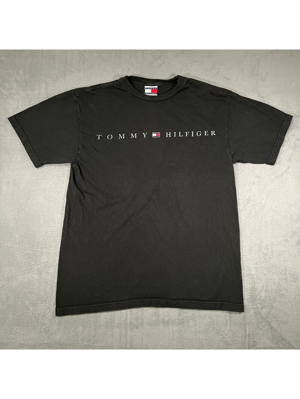 VTG Tommy Hilfiger Shirt Black Mens Medium Tee Knit Cotton Spell Out Logo Casual